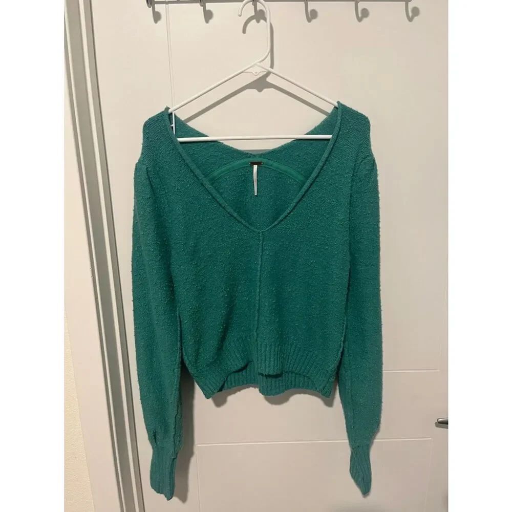 Free People Green Blue V-Neck Textured Sweater